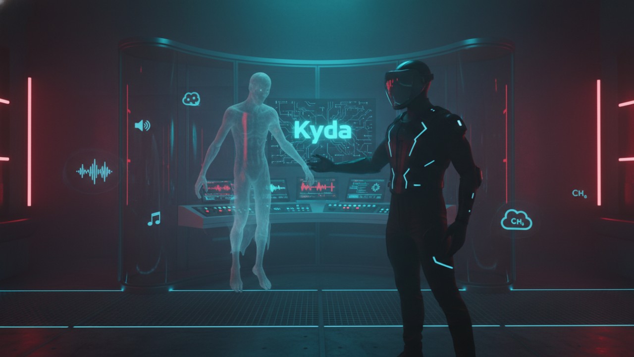 A person in a haptic vest interacting with a digital ghost in a high-tech horror room featuring Kyda branding on a control screen.
