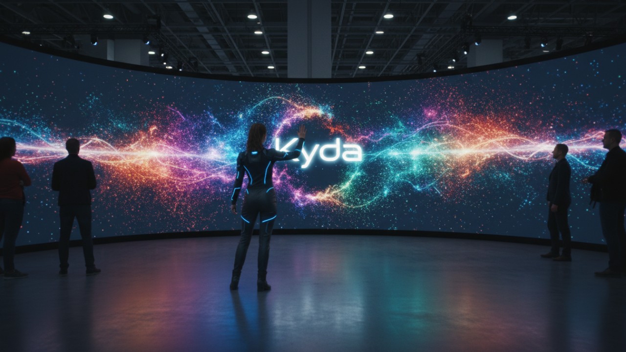 A person interacting with a motion-tracking digital wall projection that features the Kyda brand name.