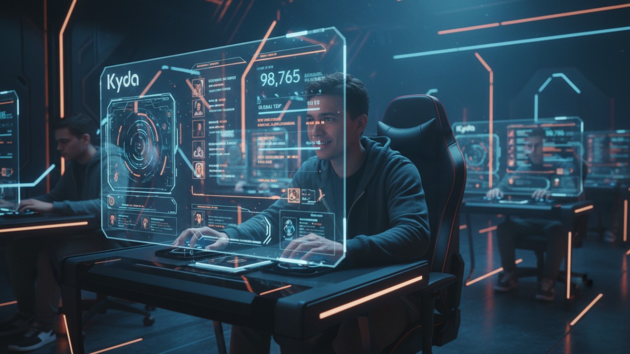A person looking at a futuristic neon leaderboard featuring the Kyda brand name on the screen.