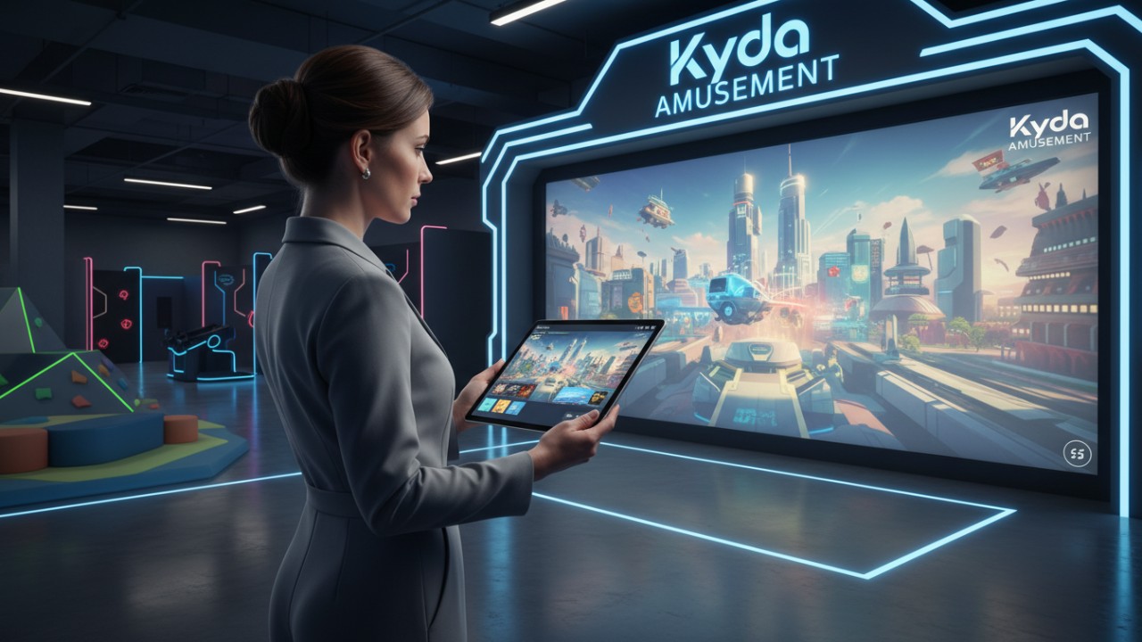 A person using software to customize interactive game content with the Kyda logo displayed on the control tablet.