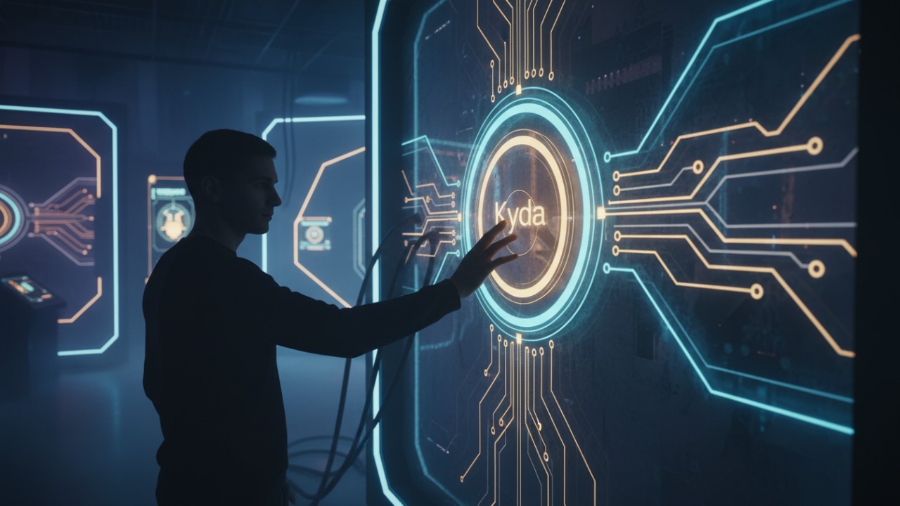 A player interacts with a high-tech electronic sensor panel in an escape room featuring the Kyda brand logo.