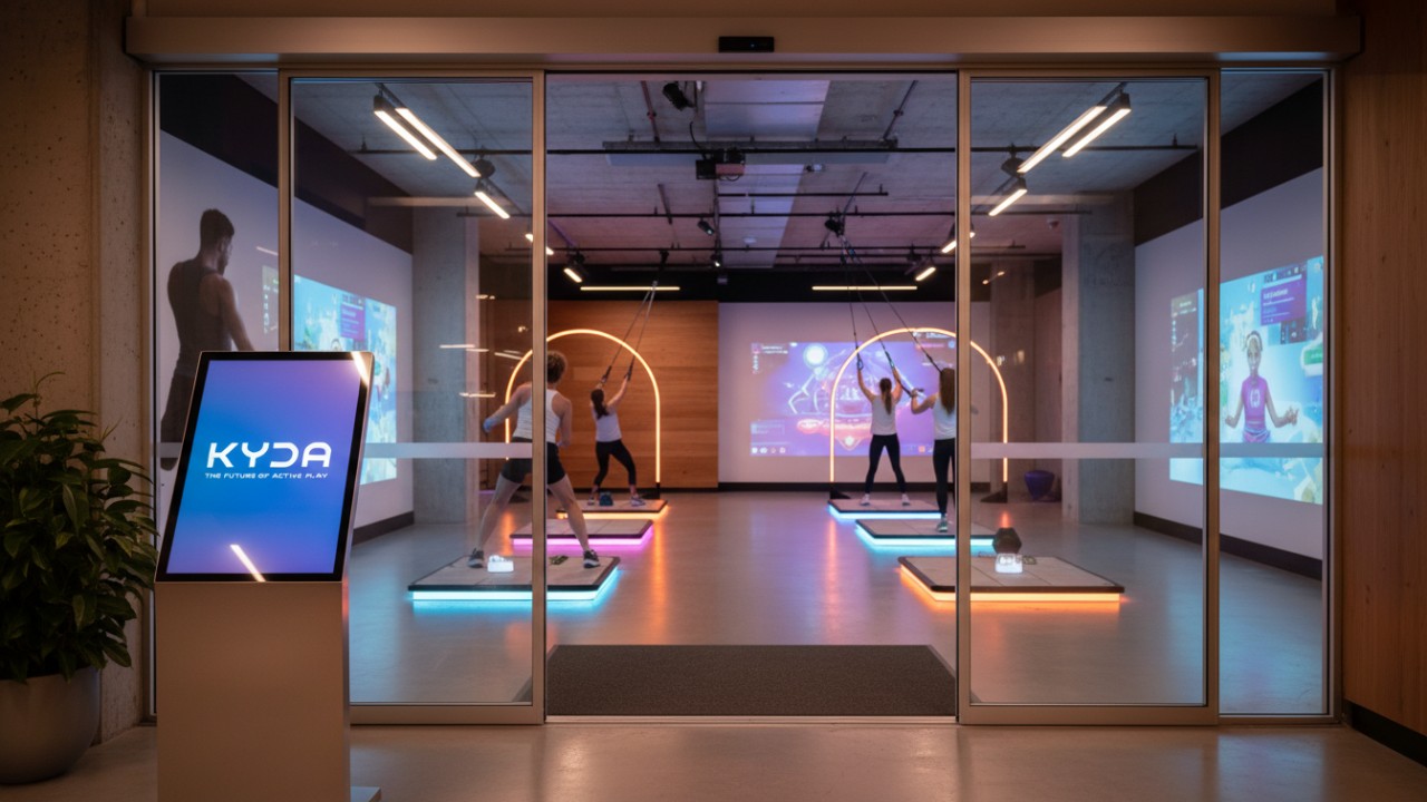 A premium gym lobby featuring a Kyda brand sign with a glowing interactive play area visible in the background.