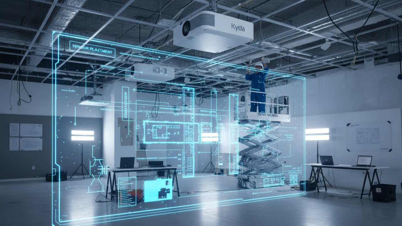 A professional architectural view of an entertainment venue being set up with tech equipment, featuring a Kyda branded projector and technical floor plans.
