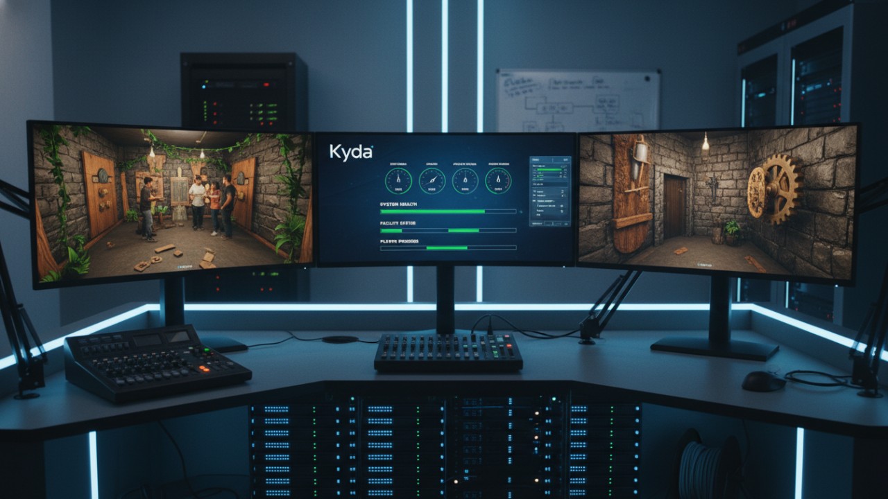 A professional control room setup for a high-tech escape room facility showing the Kyda software interface on a monitor.