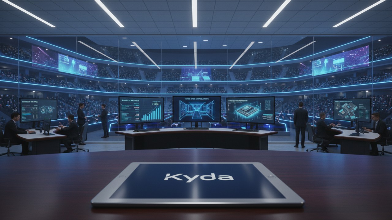 A professional control room with digital business metrics and a tablet displaying the Kyda logo overlooking a gaming facility.