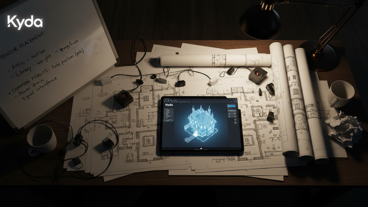 A professional design workspace with 3D blueprints and electronics for a digital haunt with Kyda software visible on a tablet.