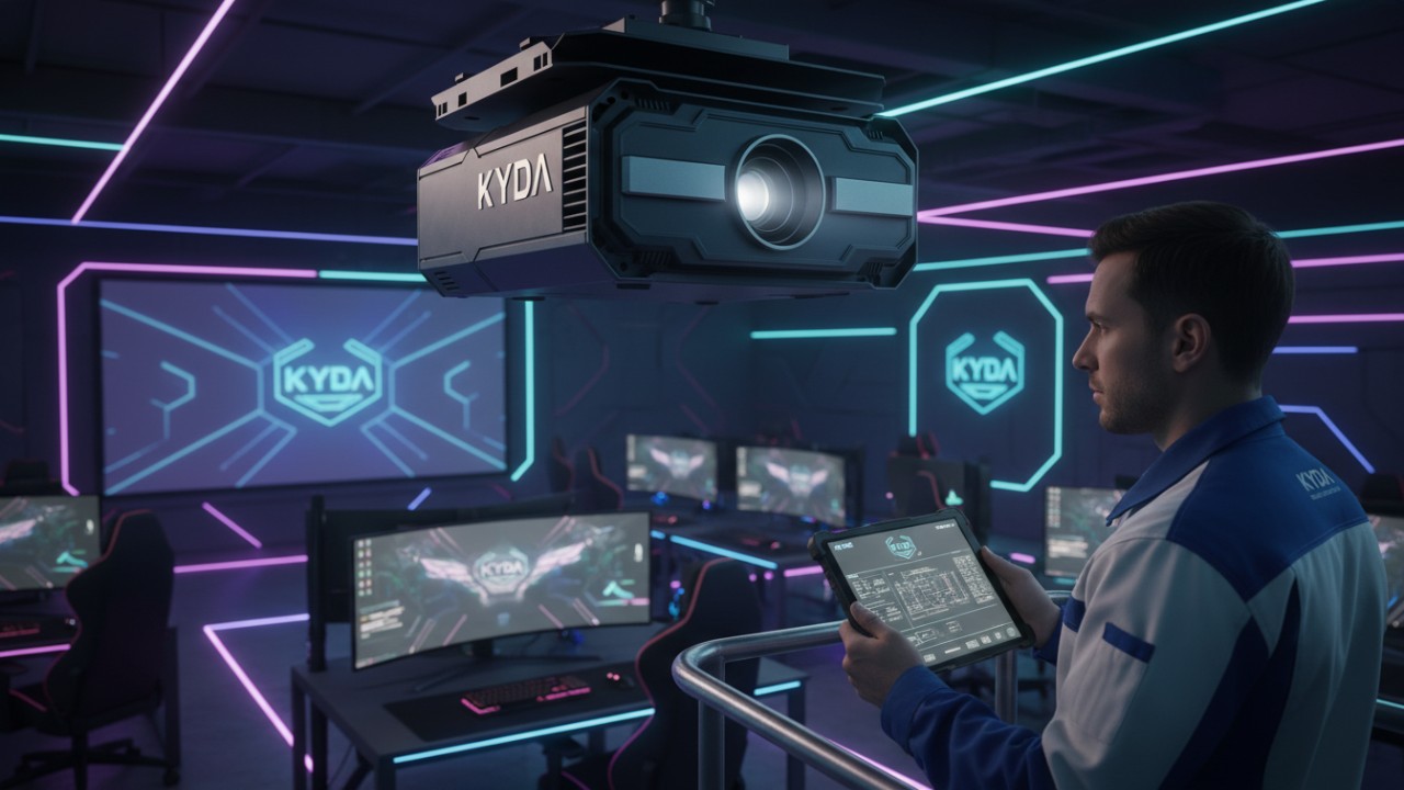 A professional technician inspecting a Kyda brand industrial projector in a modern interactive game room.