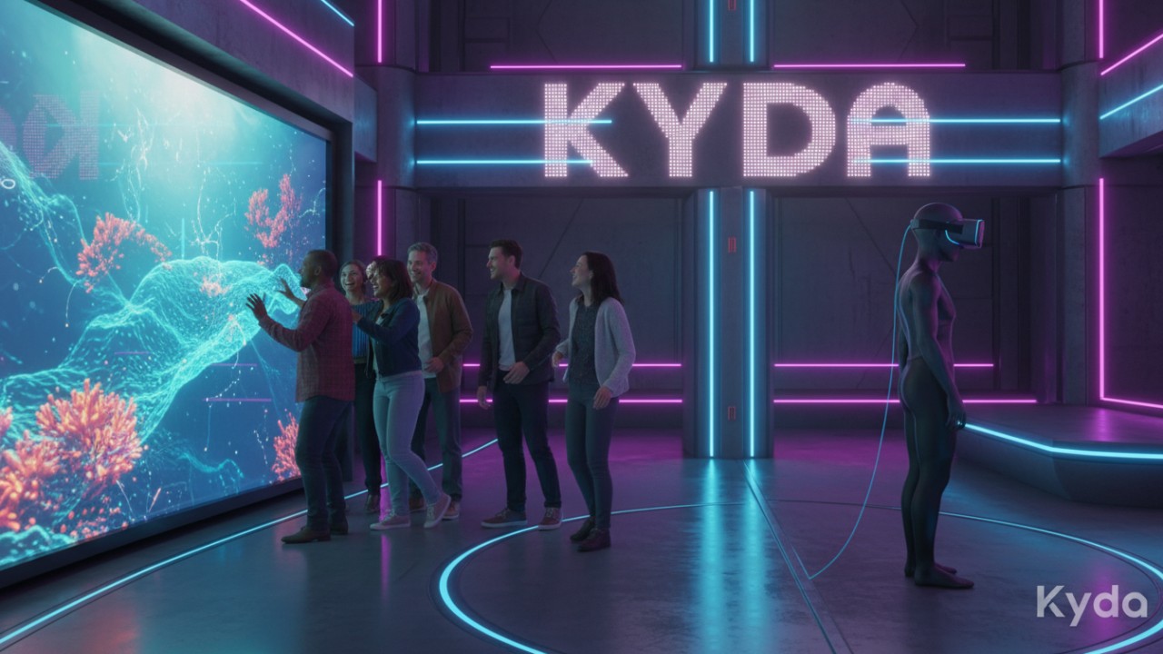 A side-by-side comparison illustration showing a group of people playing with an interactive projection wall featuring the Kyda brand versus a single person wearing a VR headset.