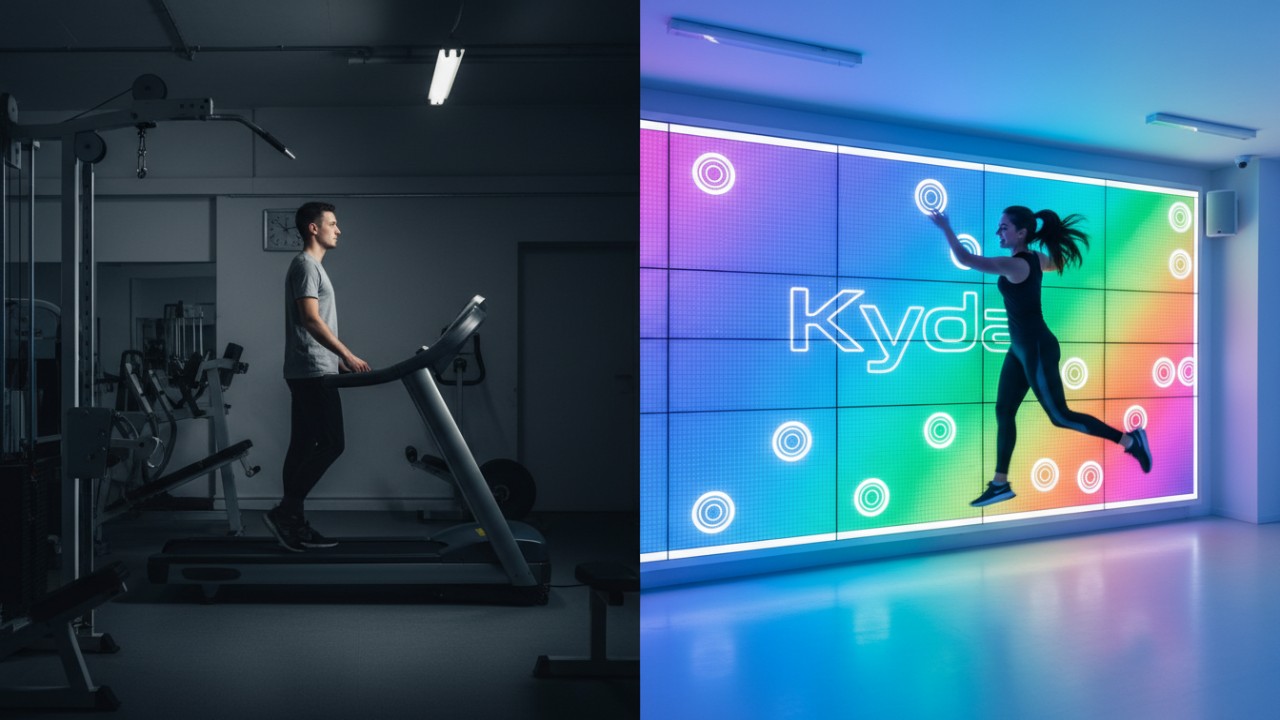 A side-by-side comparison of a person bored on a treadmill versus a person excitedly using a Kyda interactive fitness wall.