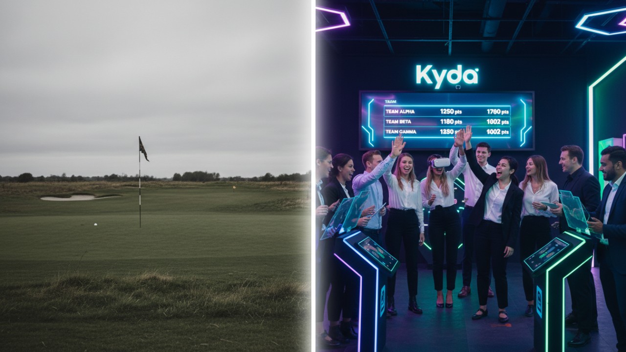 A side by side comparison of a traditional golf course and a modern high-tech active challenge game arena featuring the Kyda brand name on a leaderboard.