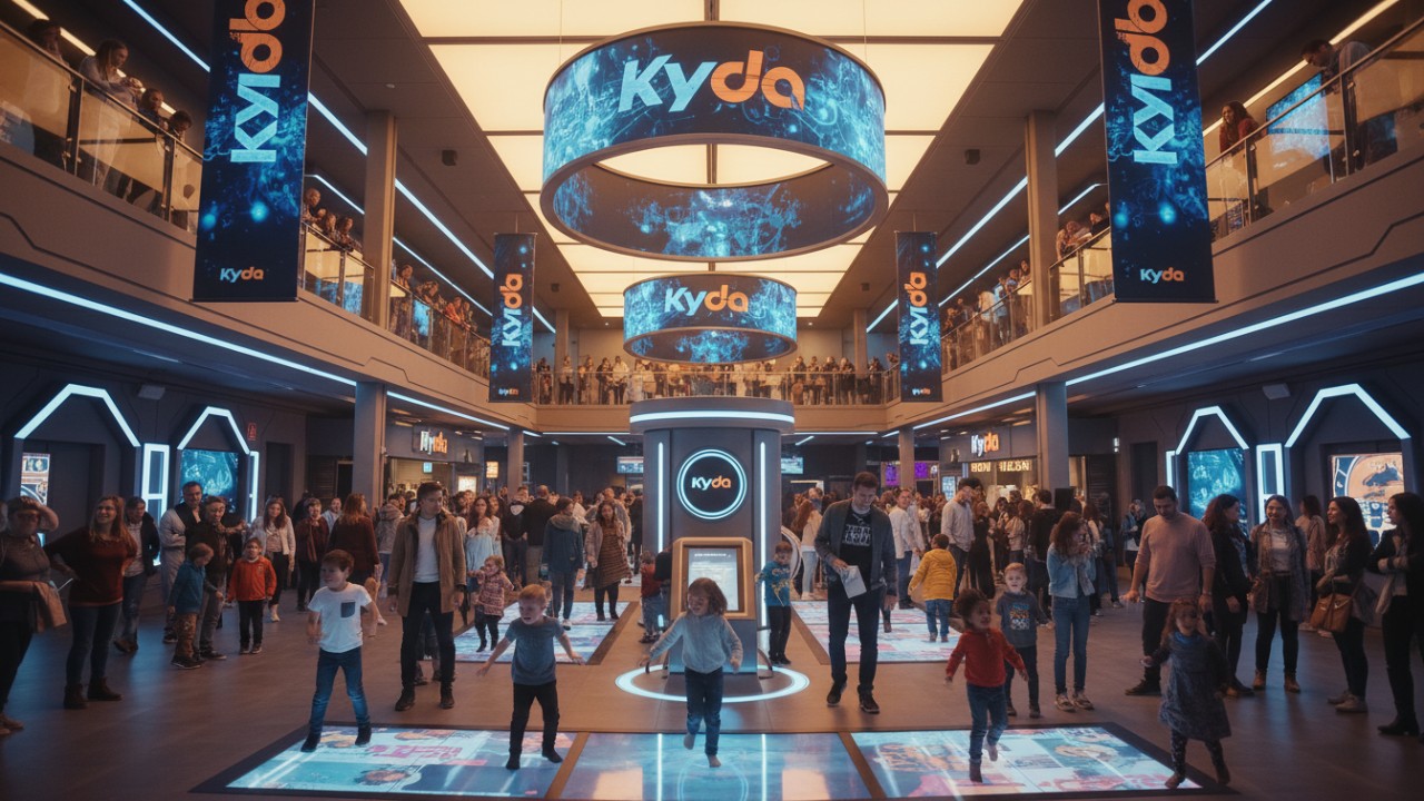 A successful and busy indoor amusement park featuring modular games and Kyda branding on digital displays.