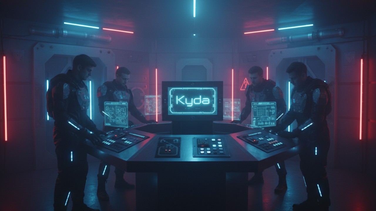 A team of players working together in a futuristic high-tech horror escape room with the Kyda brand name displayed on a glowing screen