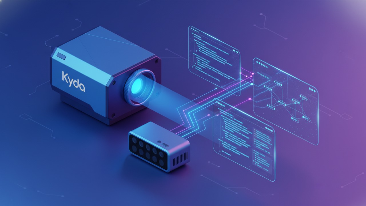 A technical diagram comparing interactive hardware components and software interfaces with Kyda branding.