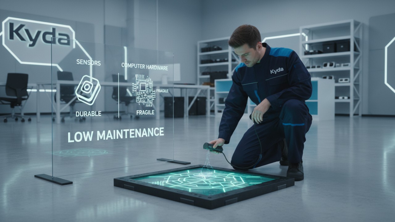 A technician with a Kyda branded uniform inspecting a durable LED floor panel in an entertainment venue.