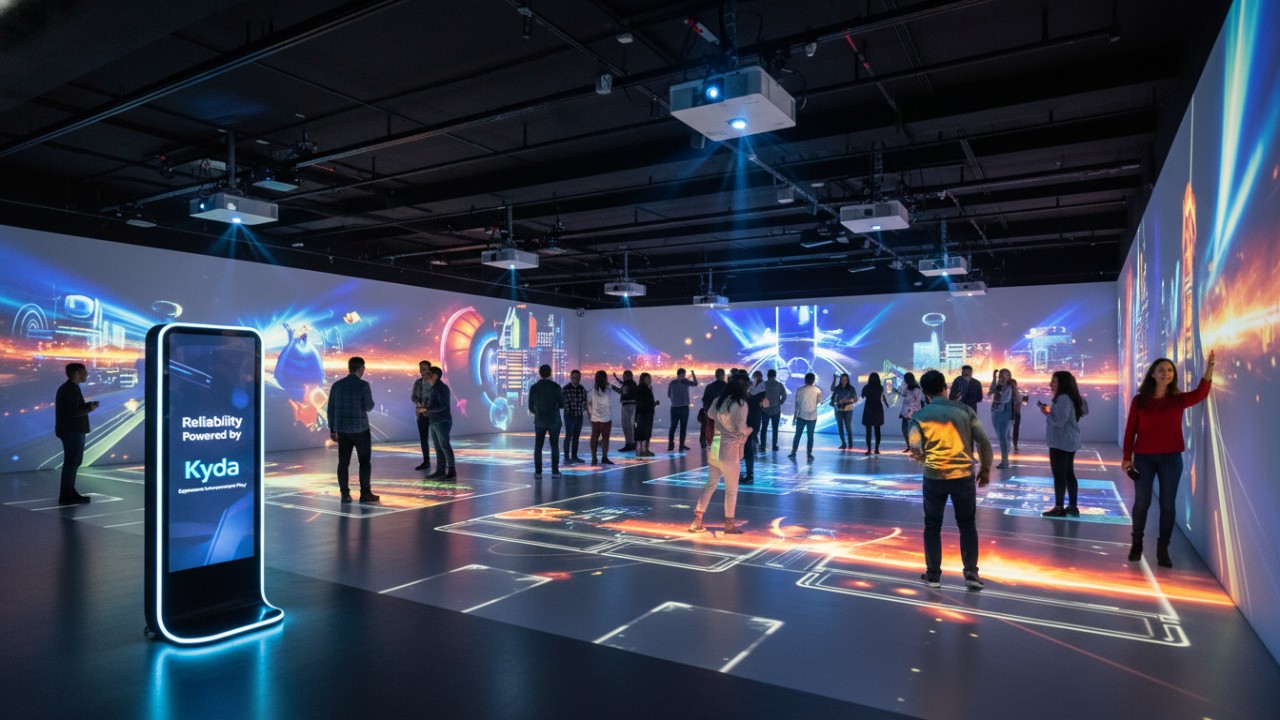 A thriving interactive venue with sharp projections and a digital sign featuring the Kyda brand name.