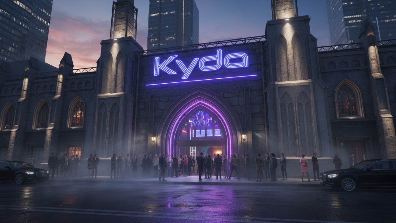 A vibrant exterior shot of a modern horror entertainment venue at night featuring a large neon Kyda sign and a crowd of visitors.
