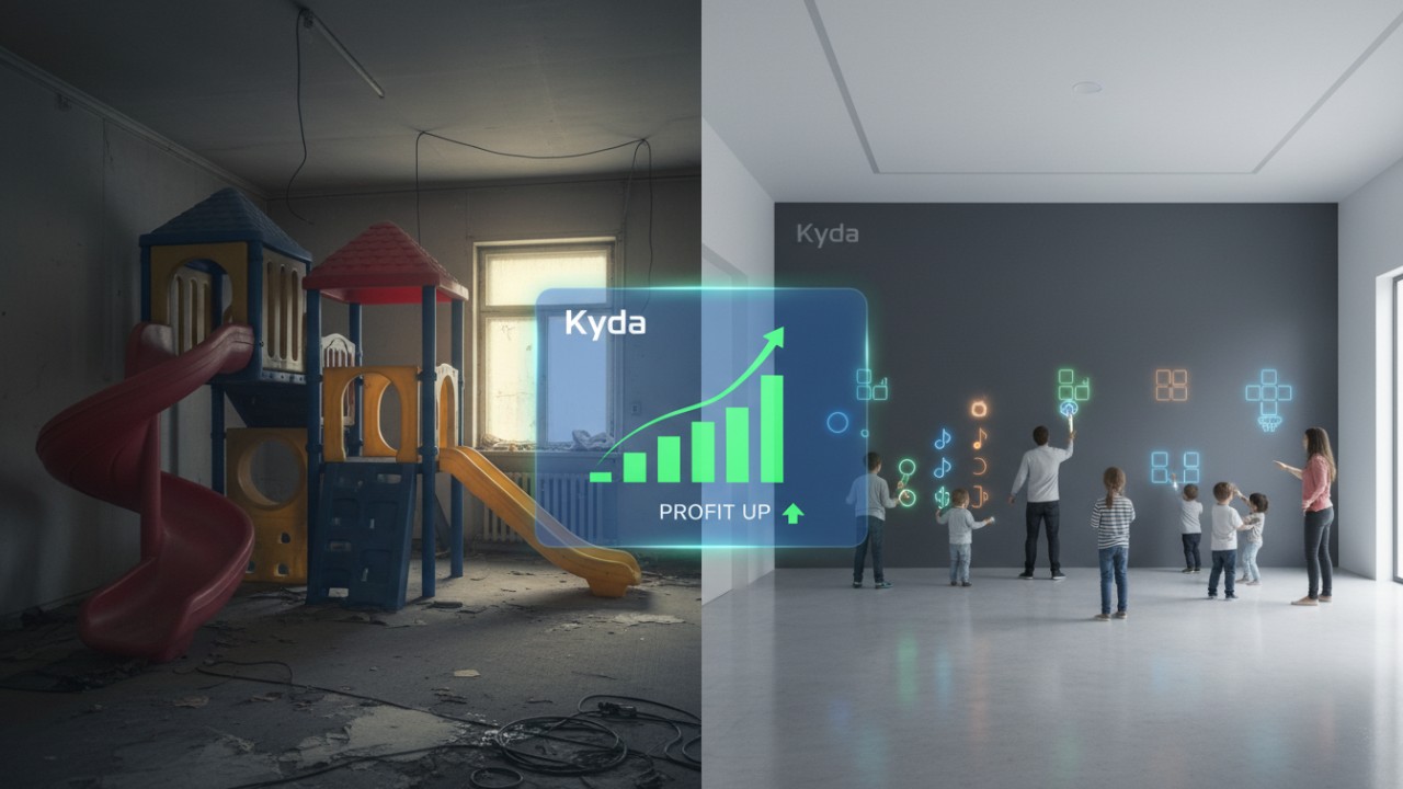 A visual comparison showing a cluttered traditional playground versus a sleek Kyda interactive system with a digital ROI growth chart.