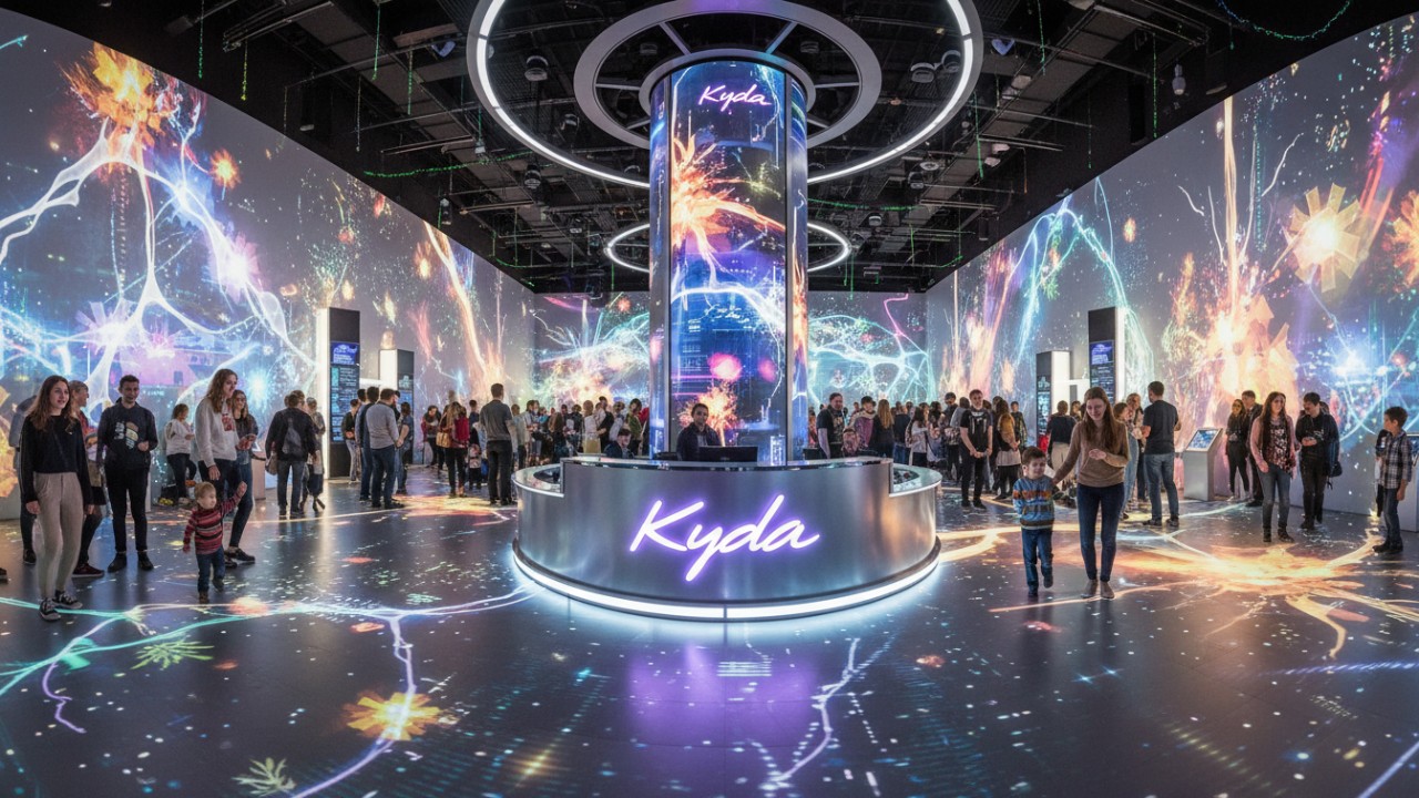 A wide-angle view of a futuristic, crowded entertainment venue featuring interactive glowing floors and walls with a large Kyda neon sign in the center.