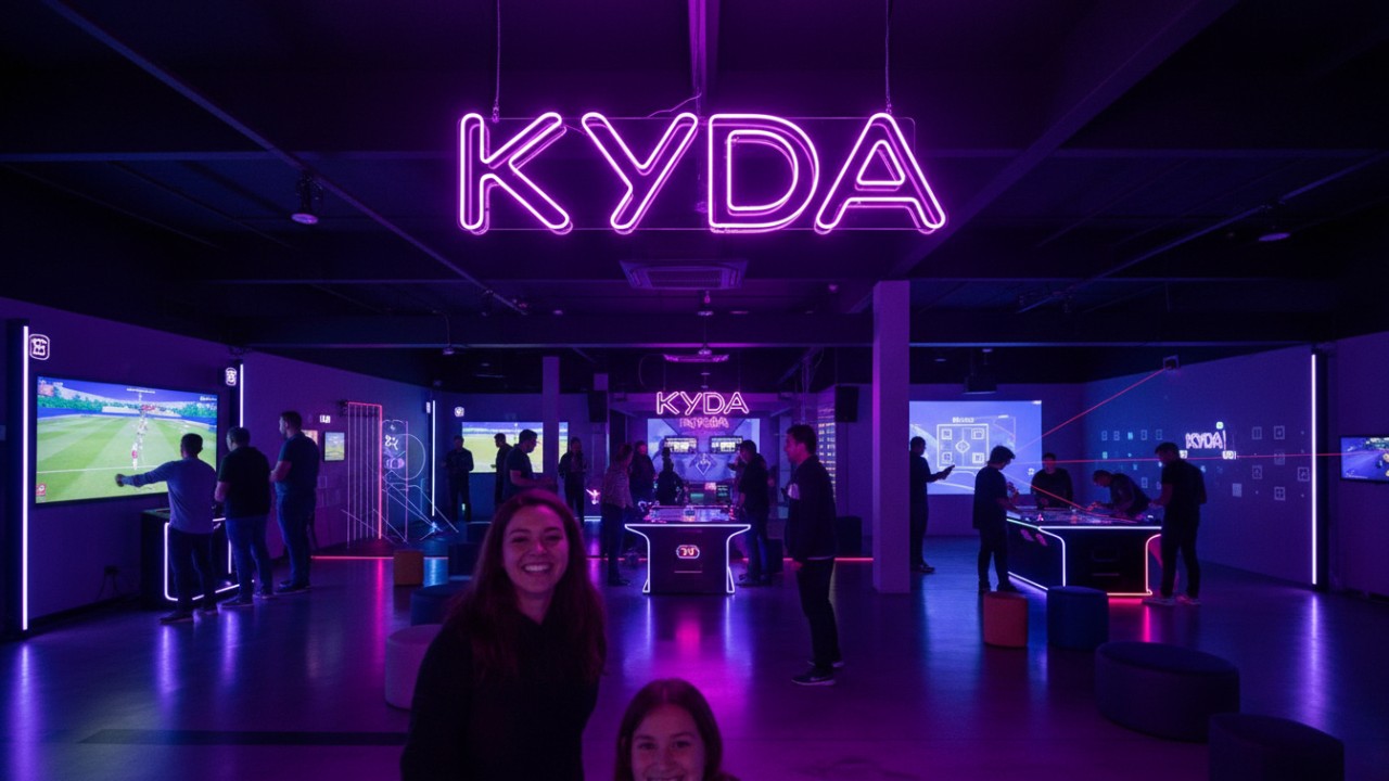 A wide shot of a successful and busy interactive gaming center with a bright neon Kyda sign hanging from the ceiling.
