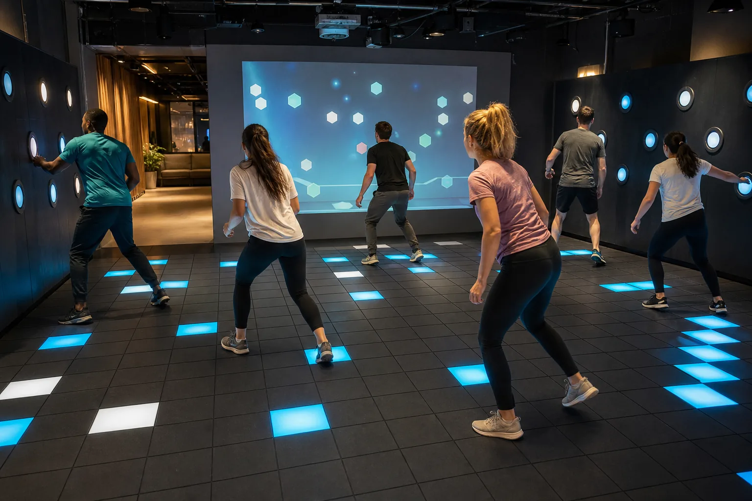 Players moving through a non-branded active game room with interactive floor and wall challenges