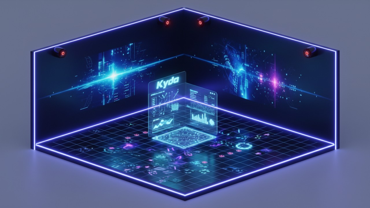 An architectural 3D render of a futuristic active game room for 2026 showing complex sensor layouts and interactive tech with Kyda branding