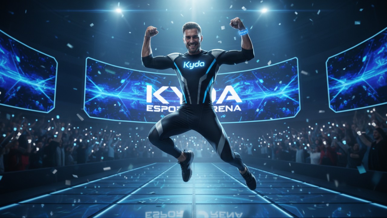 An athlete celebrating a victory in a high-tech gym wearing a Kyda branded RFID wristband.