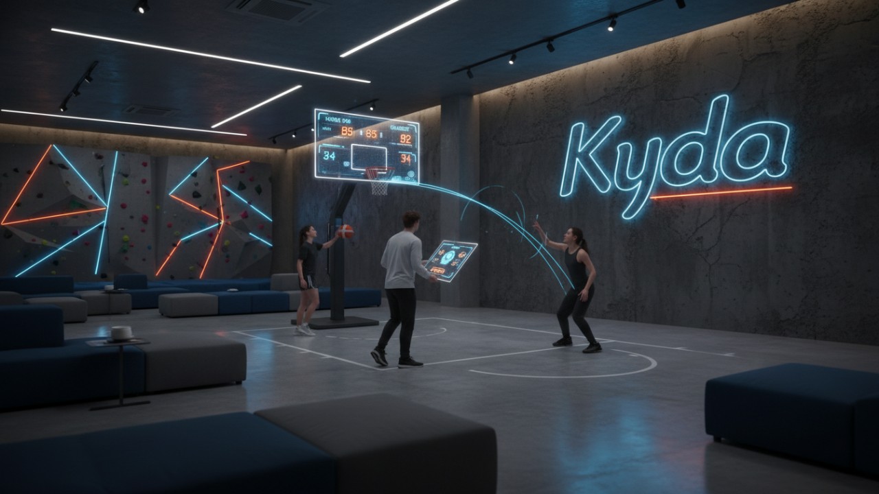 An augmented reality entertainment venue with physical equipment and digital overlays featuring the Kyda brand name sign on the wall.
