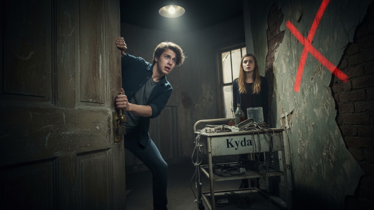 An illustration of players making common mistakes in a haunted asylum themed escape room featuring the brand Kyda on a medical cart