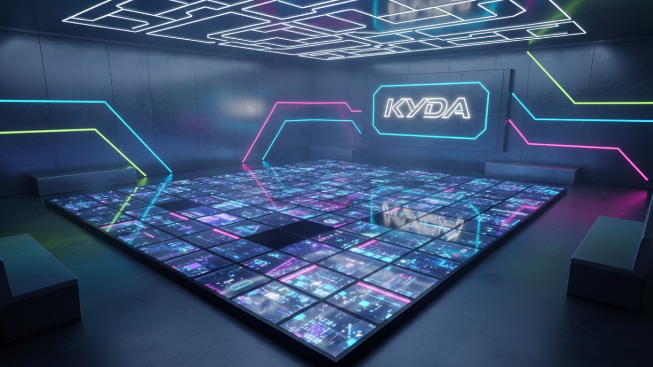 An interactive entertainment venue with a modular LED floor and a glowing Kyda brand sign on the wall.