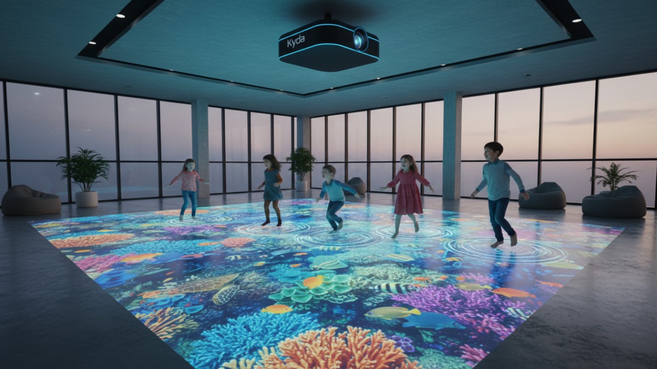 Children playing on a vibrant interactive floor projection of a coral reef with a Kyda branded projector visible on the ceiling.