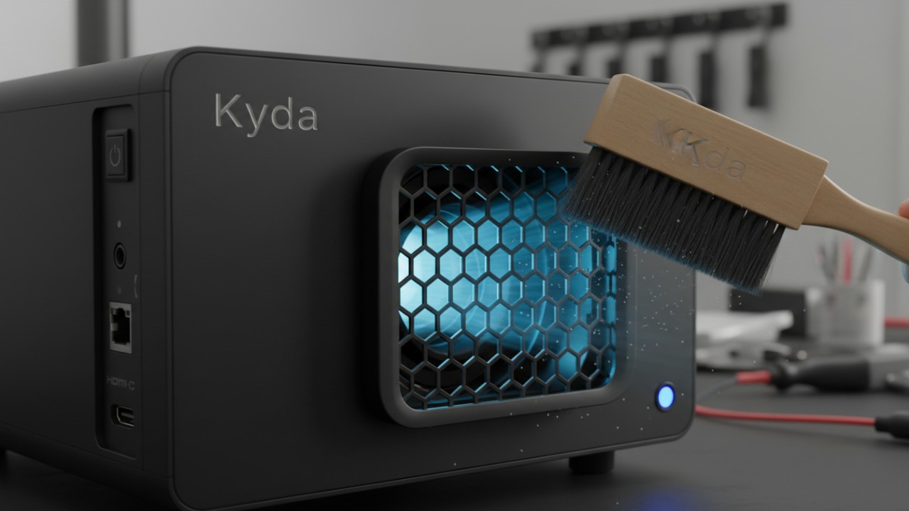 Close-up of a Kyda projector being maintained with a cleaning brush to show proper airflow care.