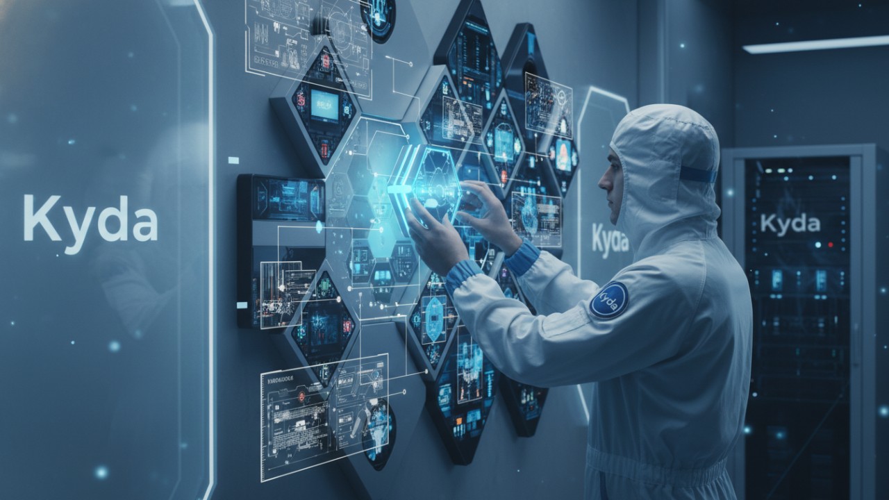 Digital art showing modular game components being assembled by a technician wearing a Kyda branded uniform.