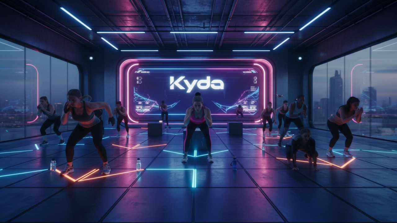 Fitness enthusiasts working out on a glowing LED interactive floor in a modern gym with Kyda branding.