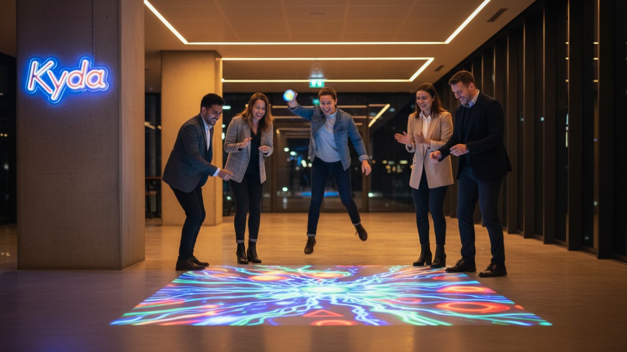 People interacting with a colorful interactive floor projection in a modern building with a Kyda neon sign in the background.