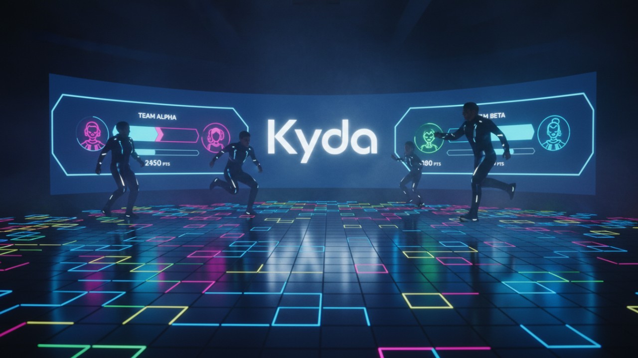 People playing on an interactive LED game floor in a futuristic room with the Kyda logo on a digital scoreboard.