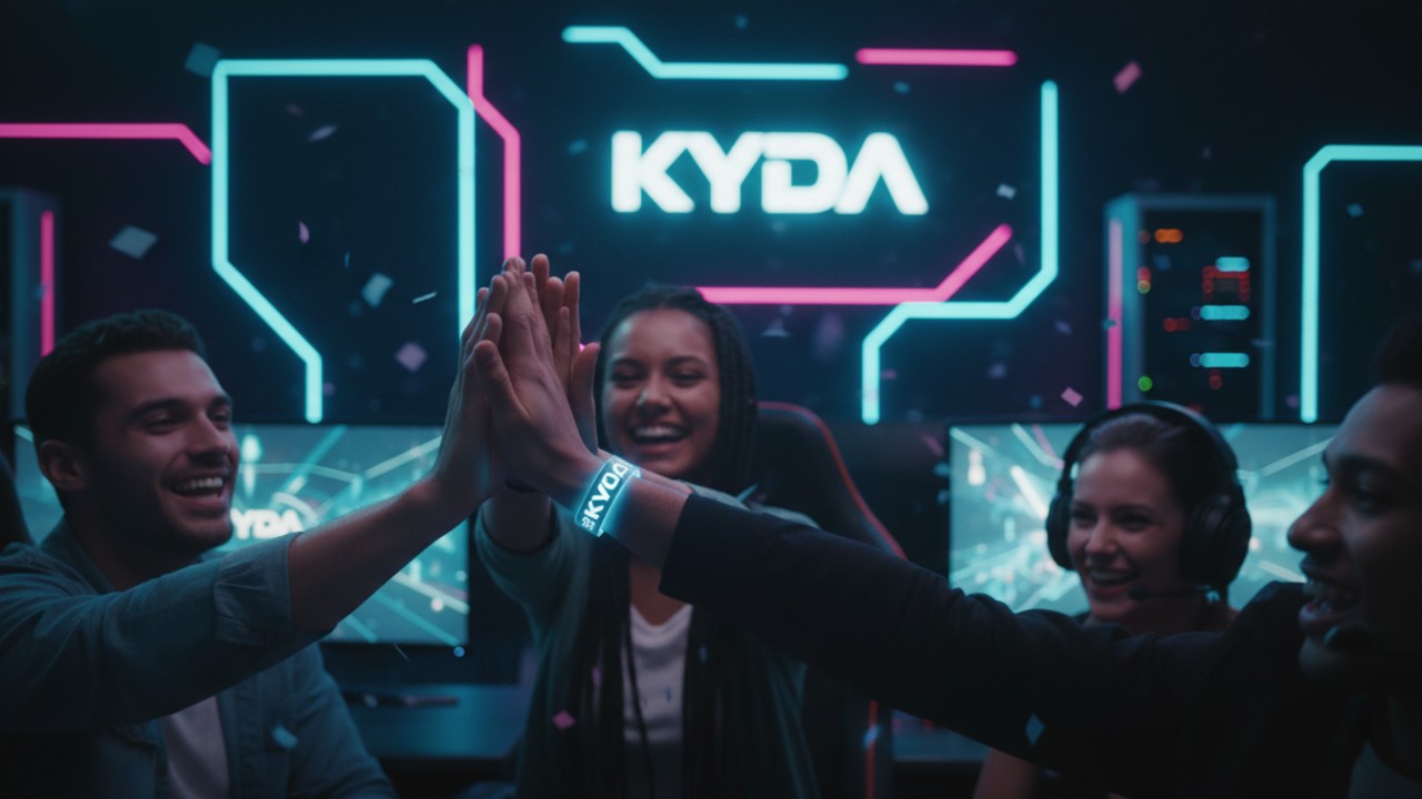 Players celebrating their win in a futuristic gaming center with a Kyda branded wristband in focus.