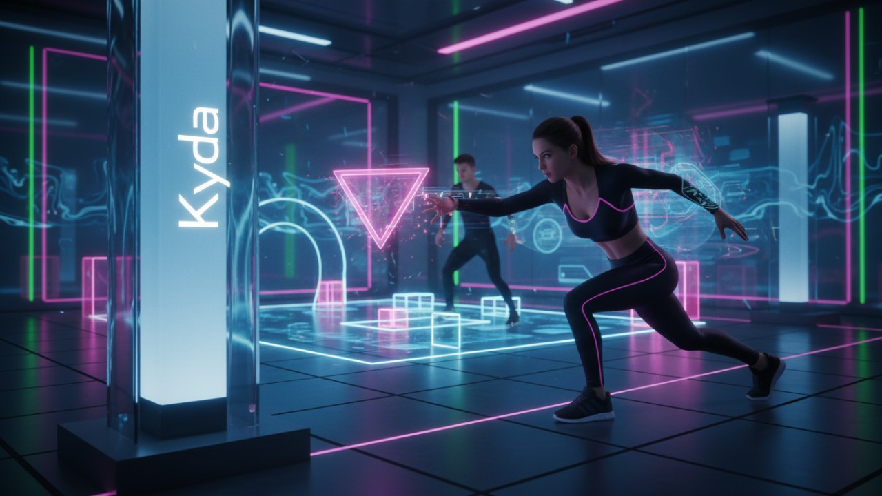 Players engaging in a high-intensity cognitive cardio game with neon obstacles and interactive wall sensors.