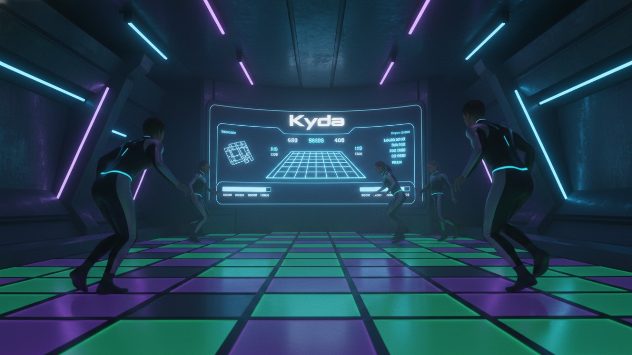 Players moving across a colorful LED grid floor in an active gaming environment with Kyda branding visible on a screen.