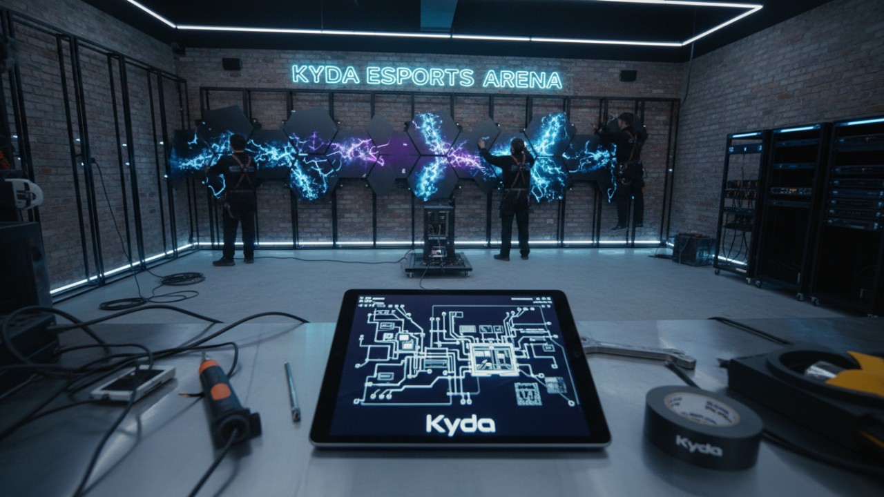 Technicians installing modular LED panels in a professional active game room with a Kyda floor plan visible on a digital tablet.