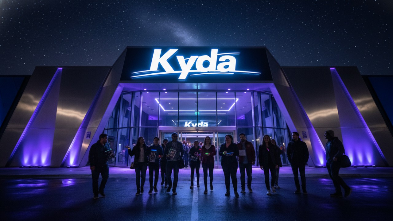 The exterior of a modern Kyda horror attraction building at night with people leaving after an immersive experience.