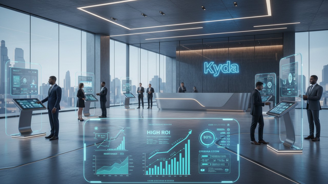 The interior of a premium Kyda active gaming facility showing a branded reception area and business growth charts.