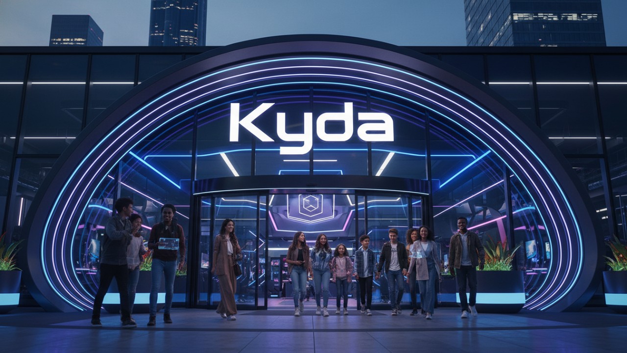 The modern exterior of a Kyda active gaming center with people entering a futuristic building.