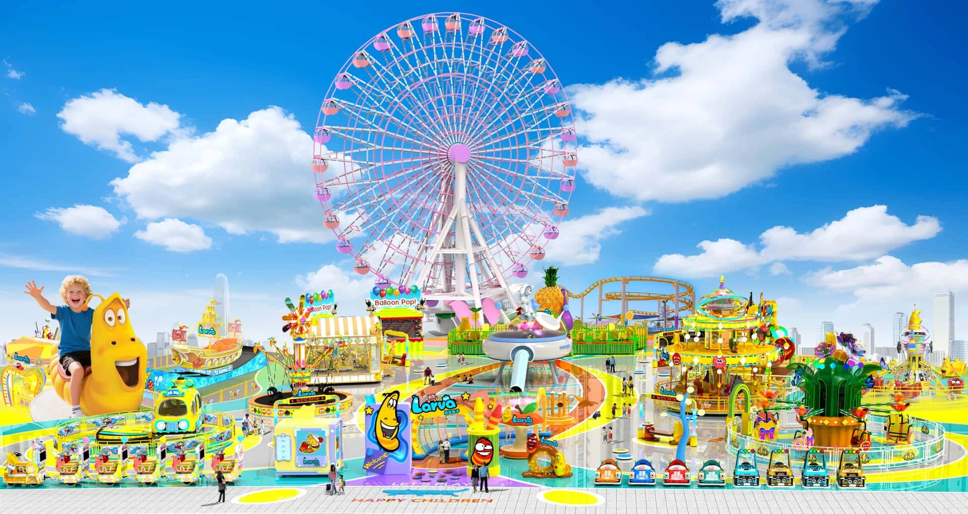 SUNHONG SUNHONG d'attractions, propose un parc d'attractions complet avec grande roue, montagnes russes, manèges familiaux et attractions sur le thème des larves.