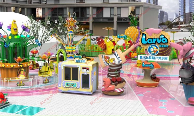 Back-view-rendering-of-Larva-Outdoor-Community-Theme-Park-—-immersive-amusement-park-layout-design - SUNHONG Front-left perspective rendering of Larva Outdoor Community Theme Park — creative amusement park design concept. - SUNHONG
