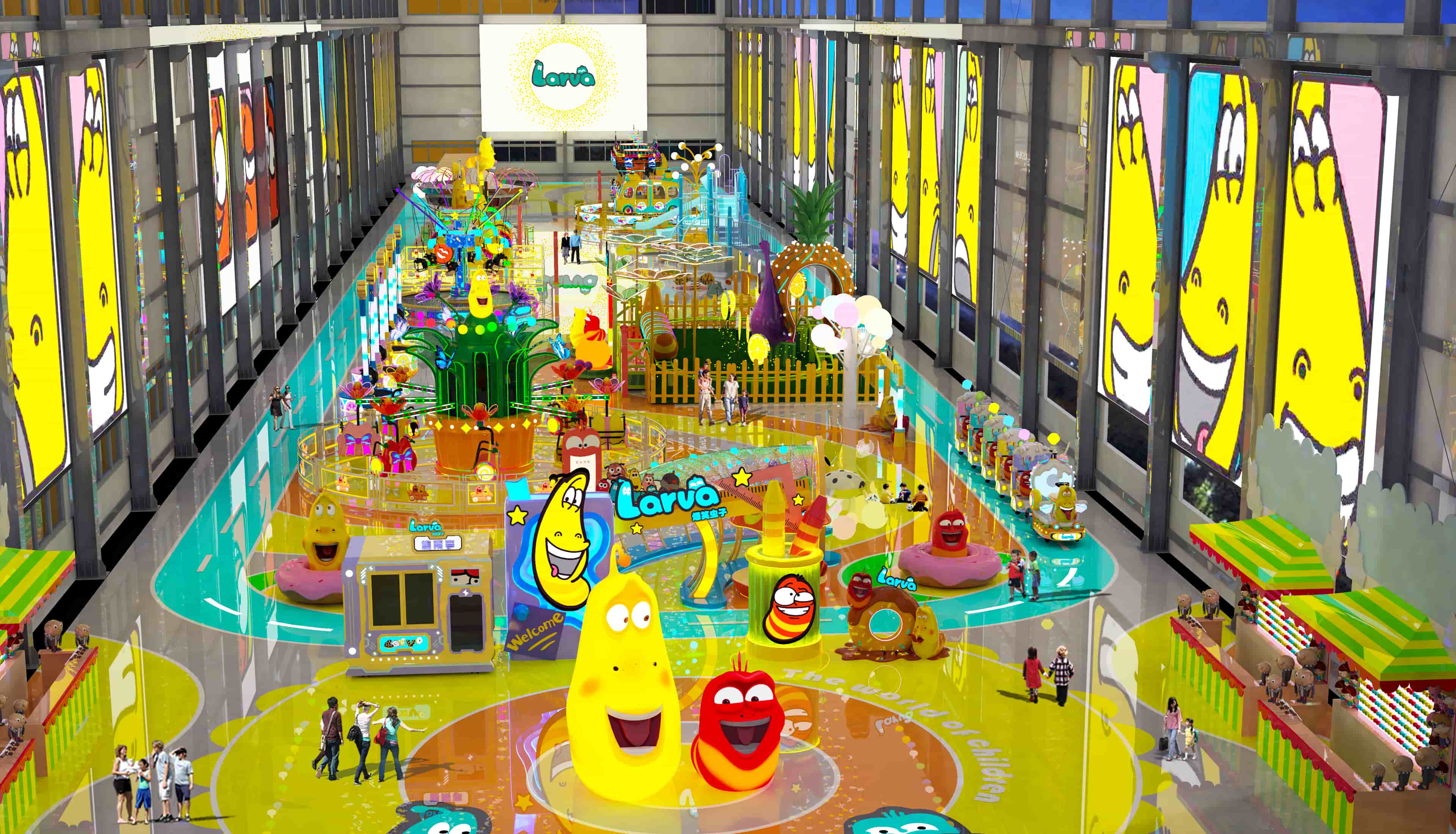 Концепция дизайна большого крытого парка развлечений в стиле «Ларва» с элементами дизайна персонажей из серии «Ларва»: Маленькие красные и Маленькие жёлтые. Решения для тематических парков, создающие для посетителей захватывающий опыт взаимодействия с персонажами. — SUNHONG