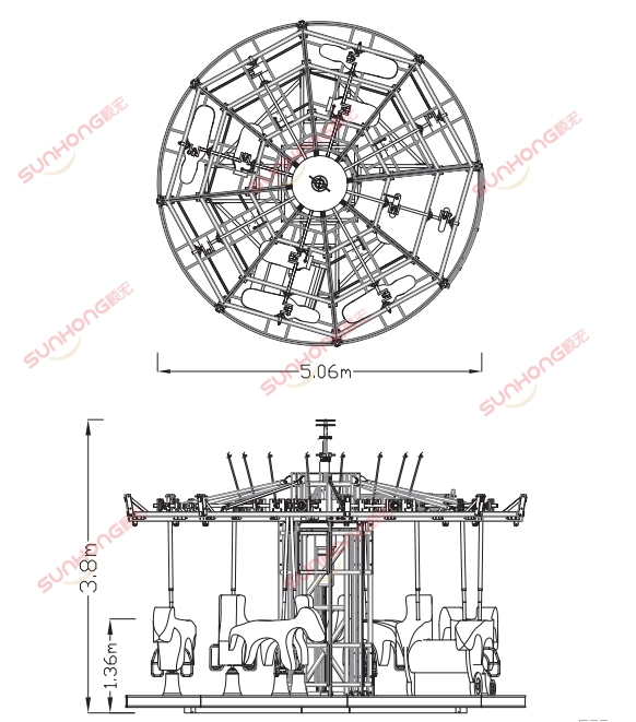 12P-Earl-Carousel-Dimensions - SUNHONG 技术图纸:12P Earl 旋转木马尺寸。顶视图、侧视图及测量数据。- SUNHONG