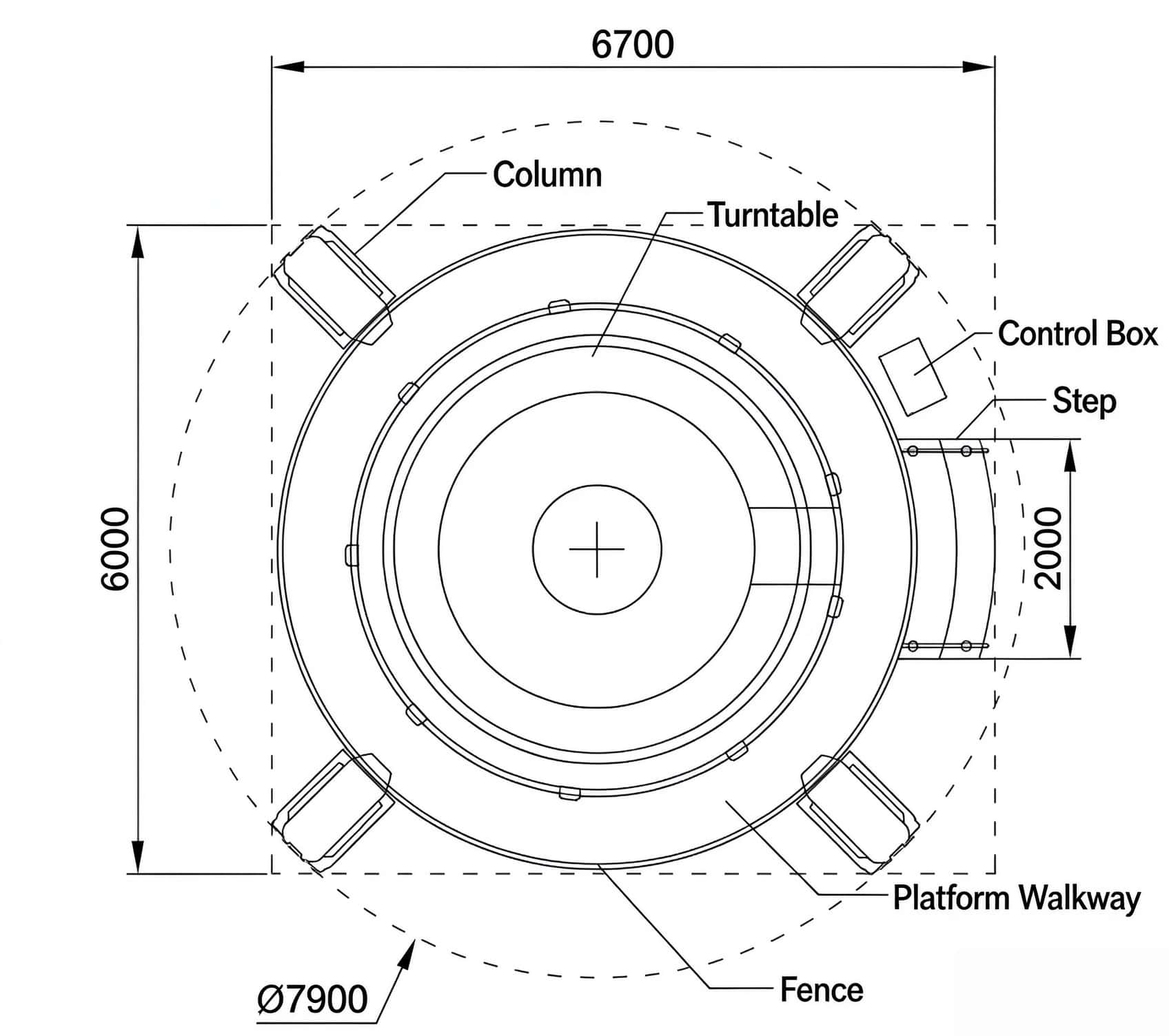 Top view technical drawing of Mecha Rock Tagada 24P Disco Tagada amusement ride with component labels and dimensions - SUNHONG