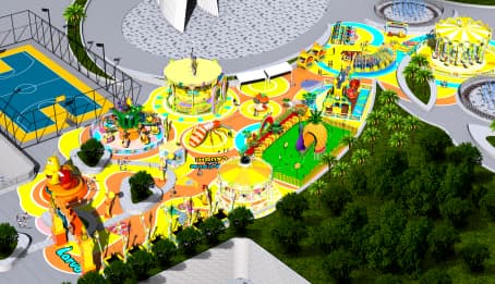 Representação esquemática de um parque de diversões familiar localizado entre uma praça comercial e um parque esportivo, utilizando um design temático popular para atrair visitantes e aumentar a receita. - SUNHONG