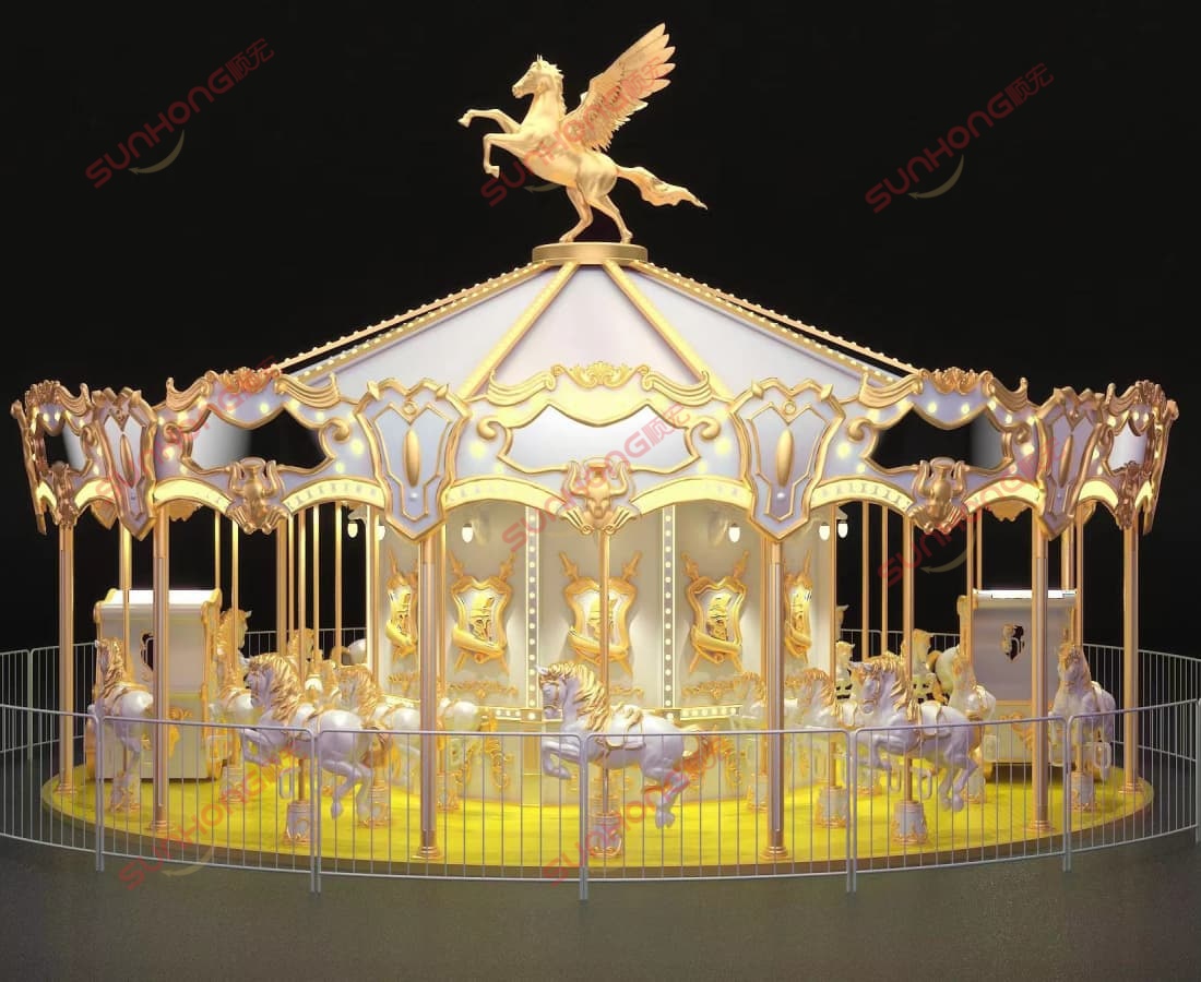 36p-knight-sparta-carousel-3d-main-black-bg-carousel-ride-for-sale 3D main view of 36P Knight Sparta Carousel ride for sale on black background