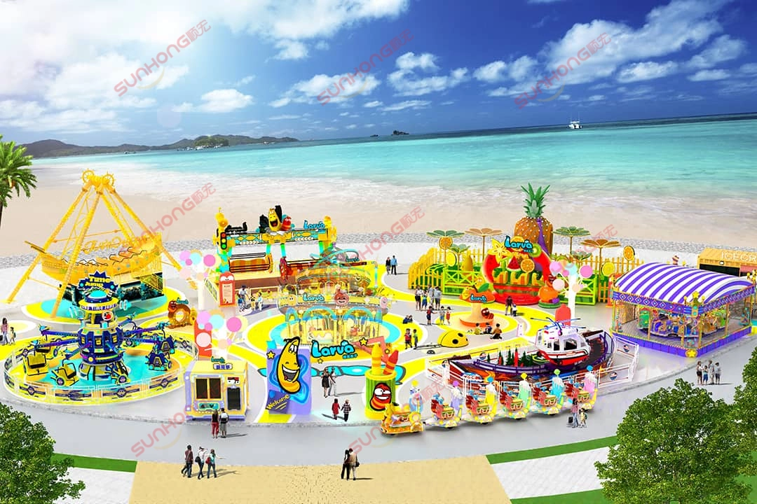 Projeto 3D de um parque de diversões com tema de larva localizado perto da praia Projeto 3D de um parque de diversões com tema de Larva localizado na praia